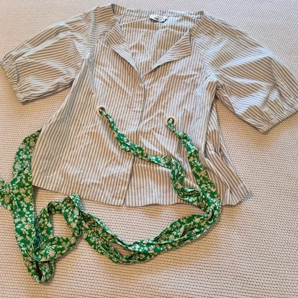 TANYA TAYLOR Blue Striped Blouse w Green Sash Women’s Top - Picture 5 of 14